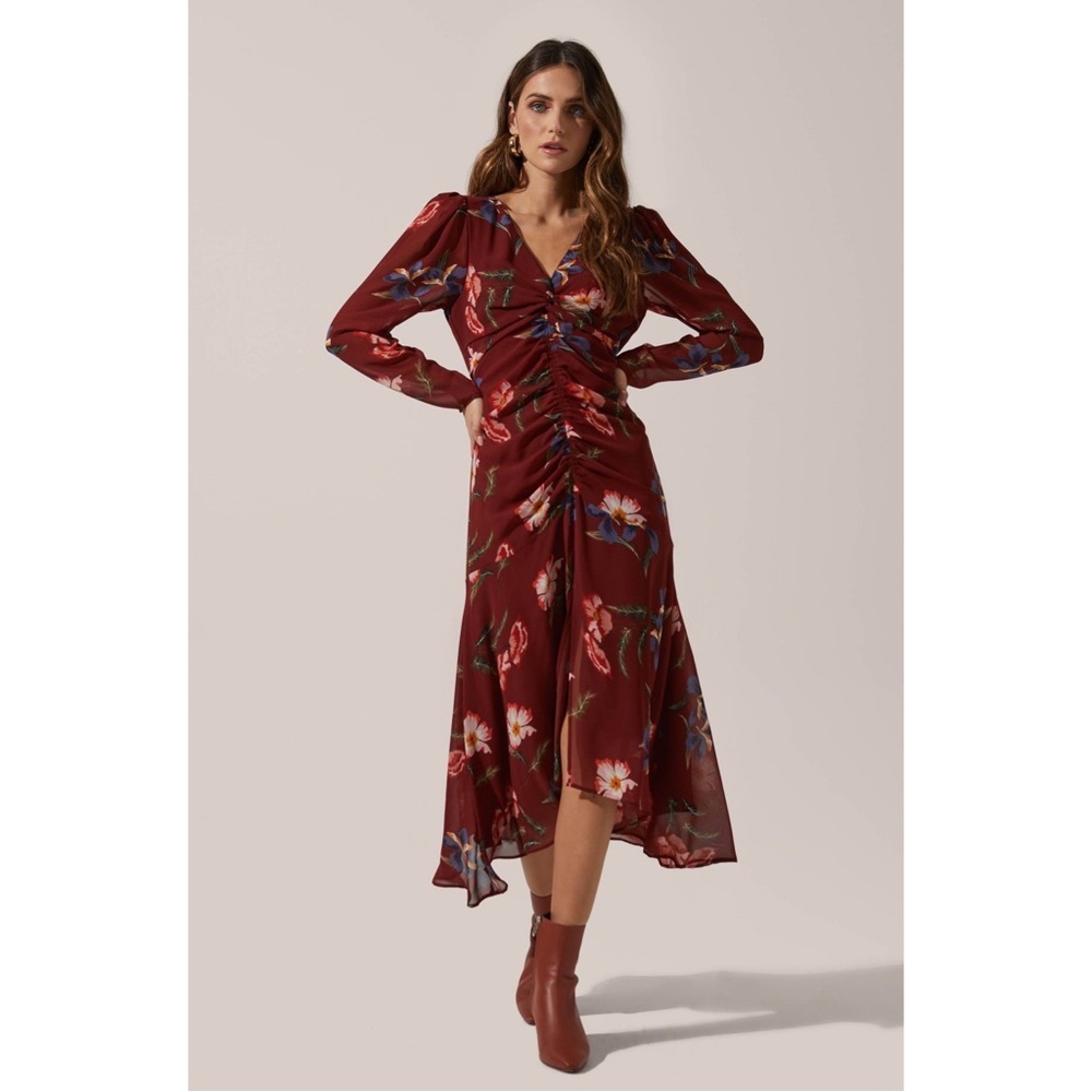 ASTR Mauve Floral High Low Ruched Front Midi Dress Size Medium